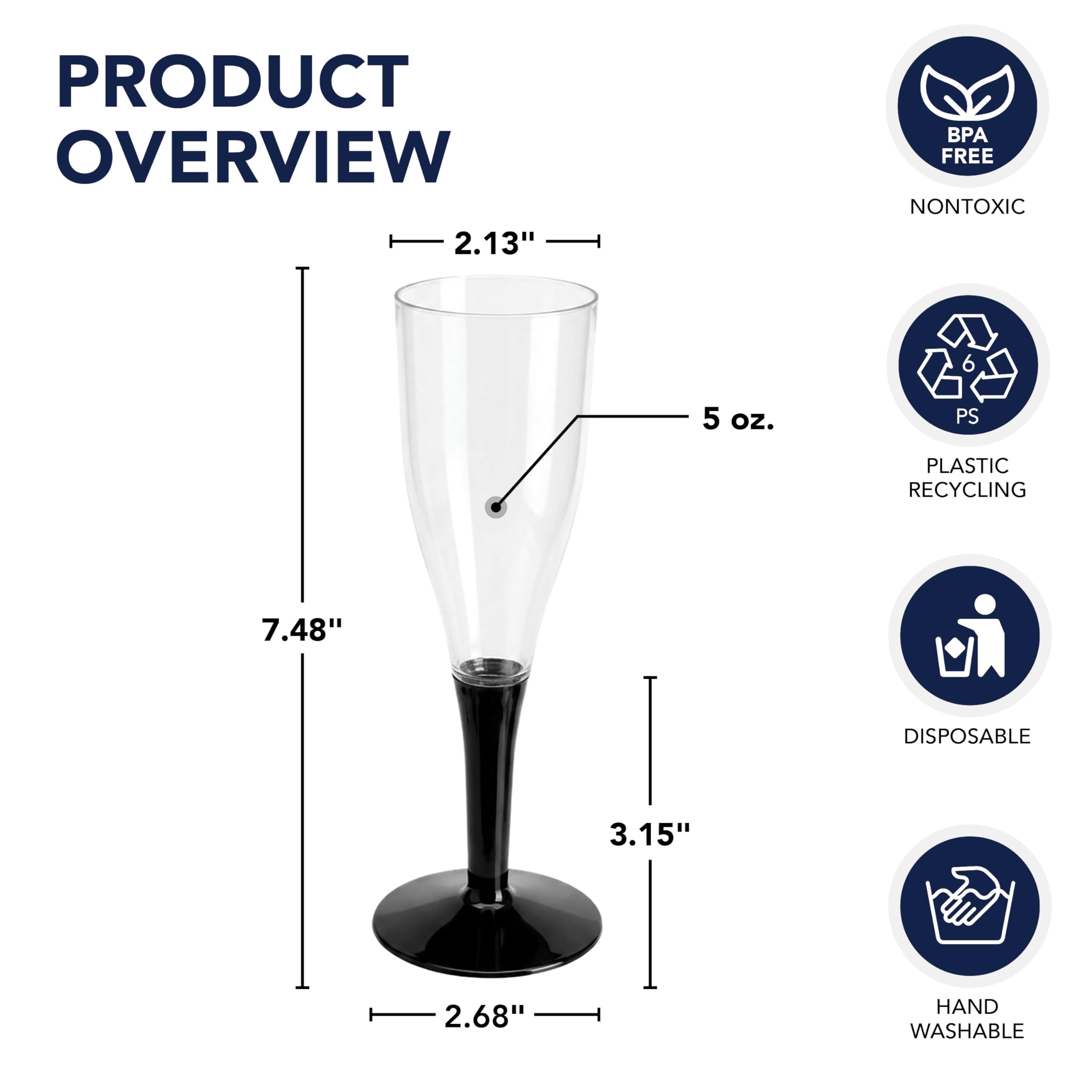 Party Essentials N5221175 2-Piece Stem Champagne Flutes, 5 oz., Clear/Black (Pack of 120)