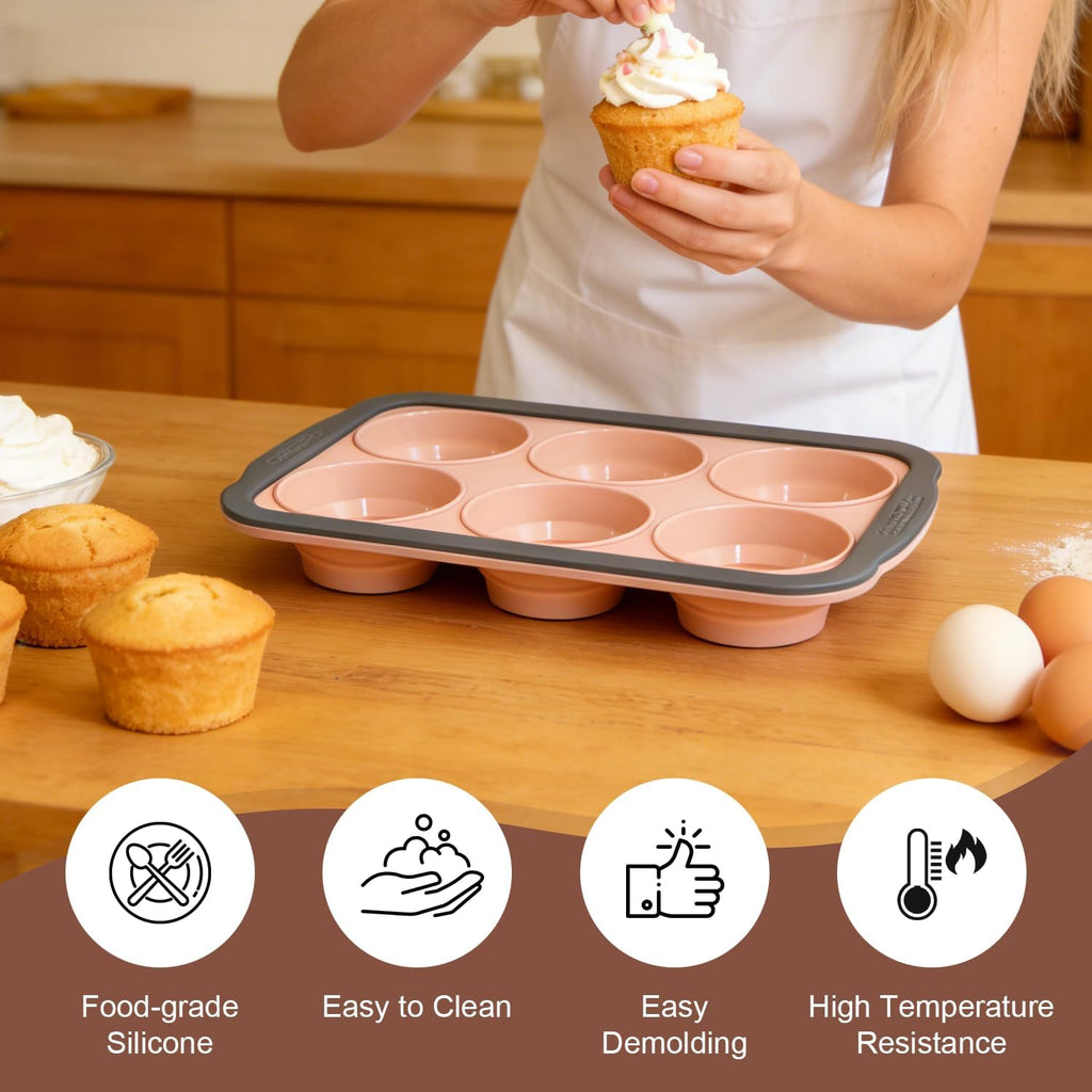 Skiennix Silicone Muffin Pan - 6-Cup Nonstick Bakeware with Metal Frame | Easy Release & Dishwasher Safe (Pink)