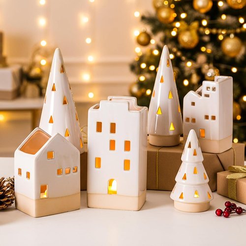 Beeveer Christmas Ceramic Buildings Decoration Set - 6 Pcs Tealight Candle Holders | 4.4" to 9.4" Winter Village Centerpiece