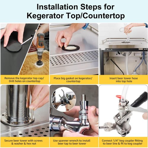 Dbgogo All Stainless Steel Triple Tap Draft Beer Tower, 3” Flange Self-Closing Beer Tap Tower Kegerator Tower Keg Tap Dispenser 1/4'' Barb Fitting Kit for Kegerator Countertop Installation