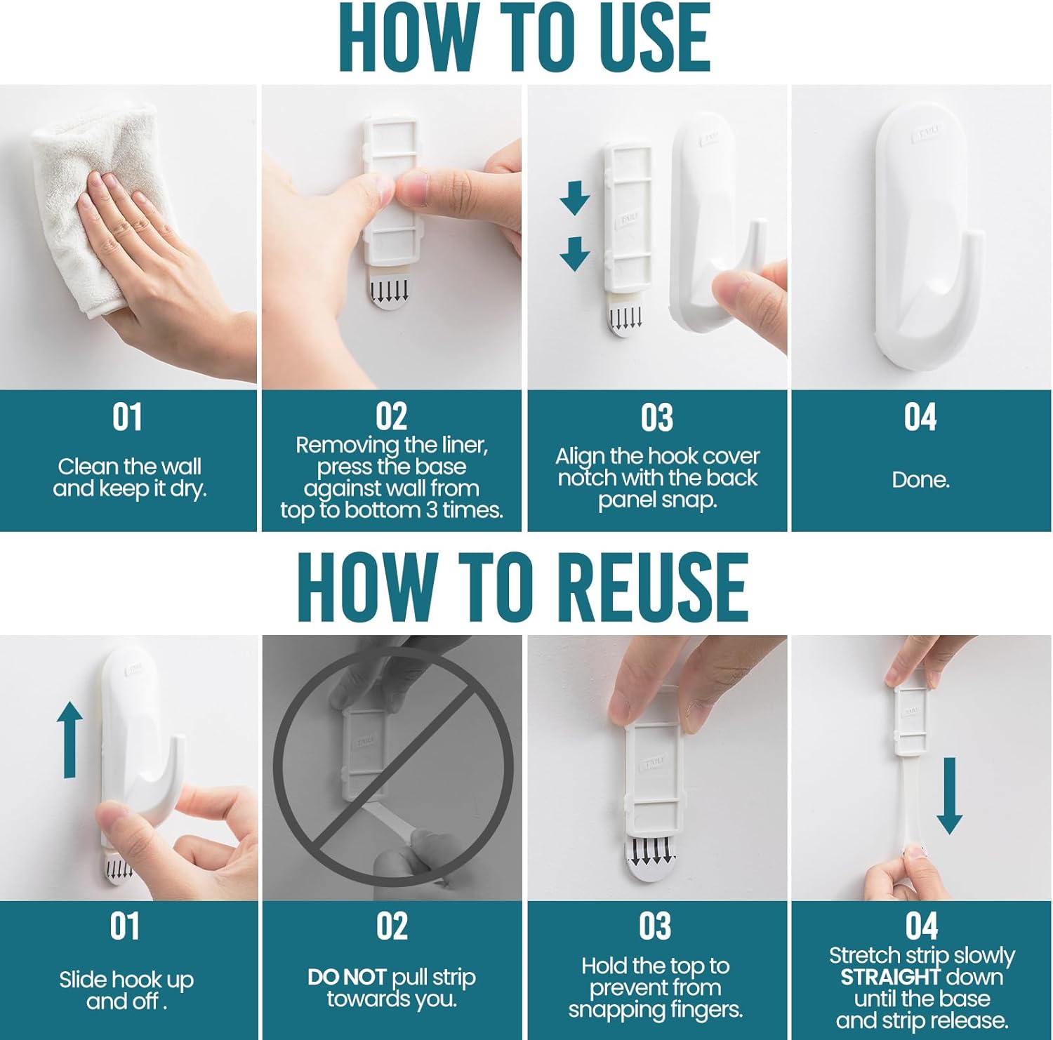 TAILI Heavy-Duty Sticky Hooks - No Damage Adhesive Utility Hooks for Walls | Removable & Reusable, White, 5 lb Capacity