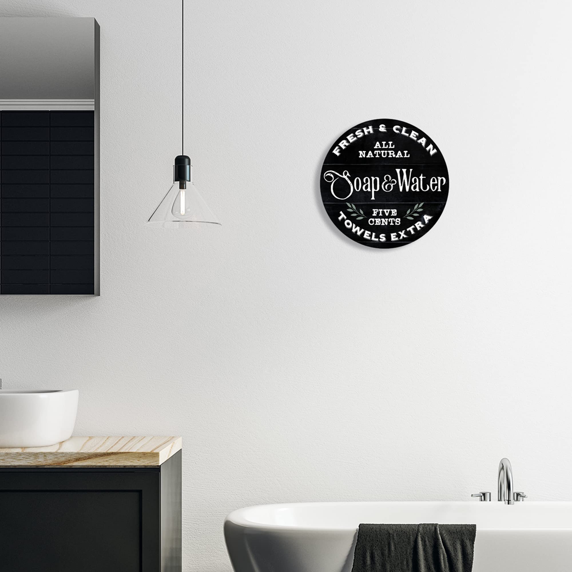 Stupell Industries Fresh & Clean Bathroom Sign Vintage Soap and Water Circular Wall Plaque, 12" Diameter, Black