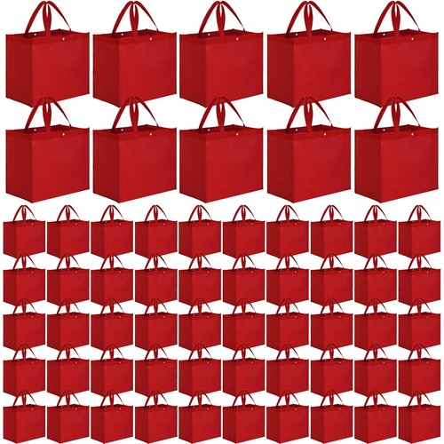 Zhehao 60 Pcs Reusable Grocery Bags Bulk Large Foldable Shopping Tote Bags Non Woven with Handle and Plastic Button(Red)