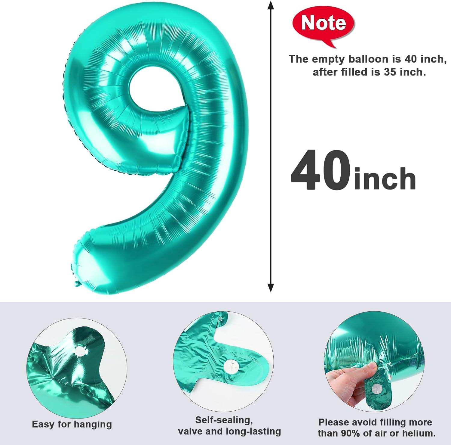 40 Inch Blue-Green Number 9 Balloon - Perfect for Birthday Parties, Engagements & Graduations