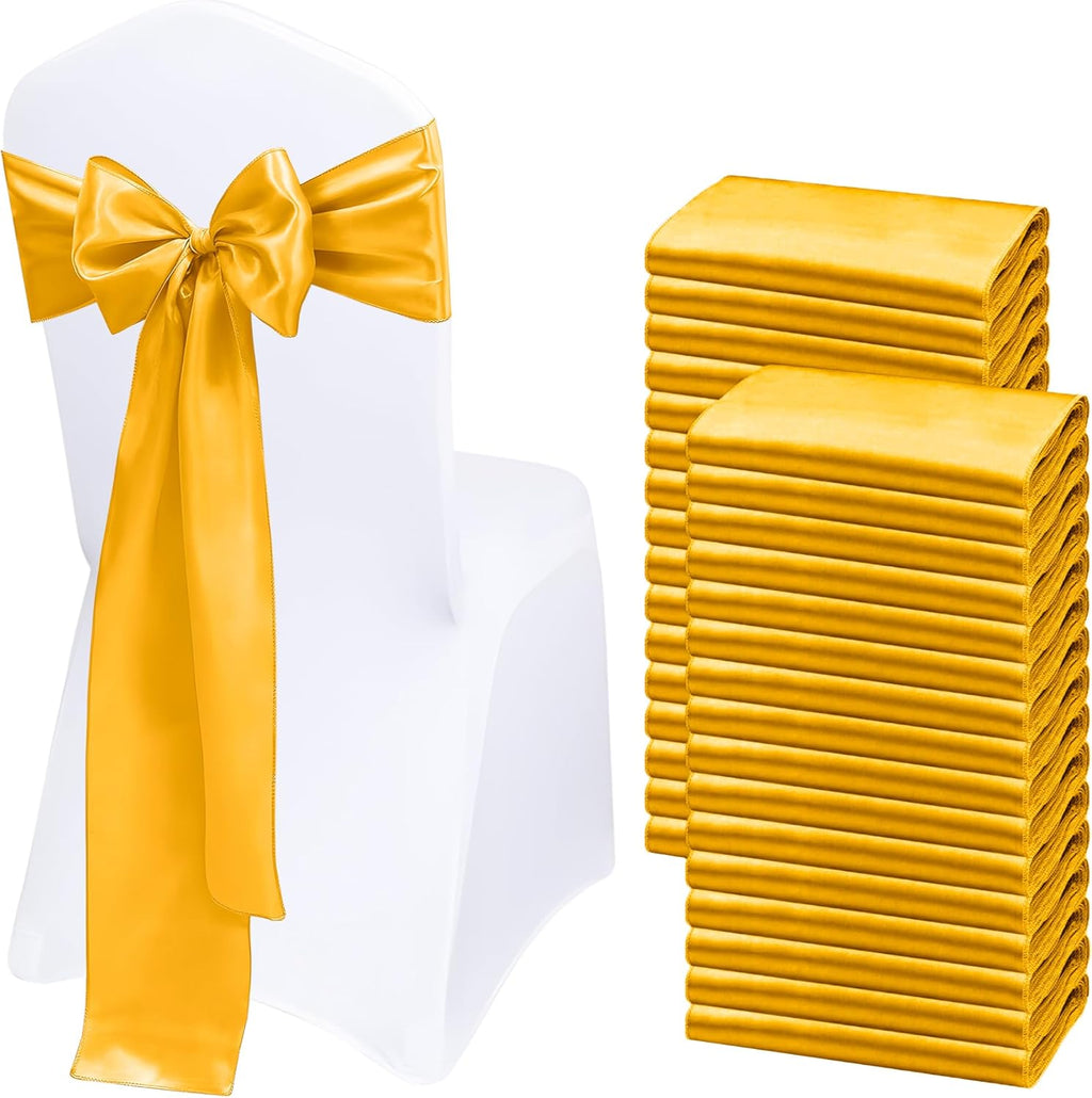 Regine Switzerland Satin Chair Sashes - 50 Pcs Gold Ribbon Bows for Weddings & Events | 7x108 Inch