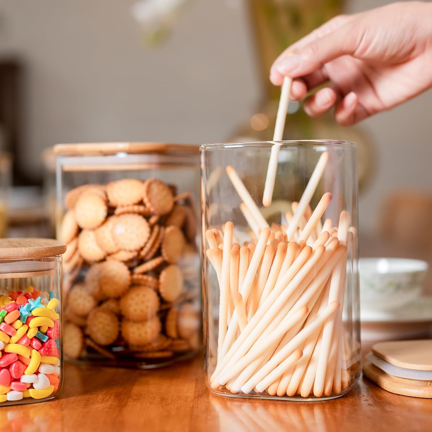 Skiennix Glass Food Storage Jars - 37 oz Airtight Containers with Bamboo Lids | Set of 6 for Tea, Coffee, and More
