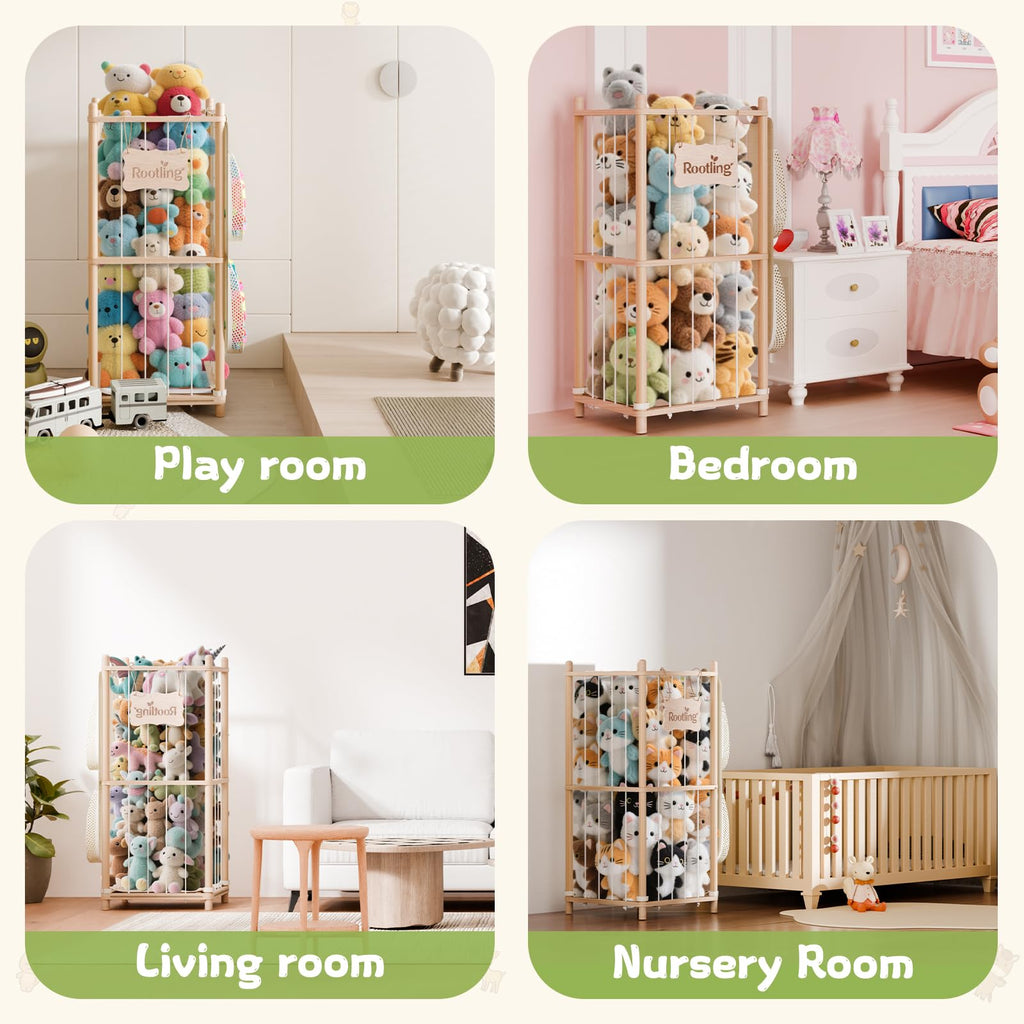 Rootling Stuffed Animal Storage & Organizer, 54 inch Tall Wooden Cute Zoo Toy Holder w/Building Block Storage Bag, Premium Wooden Material with Elastic Cord for Toddler Rooms, Playrooms (Small)