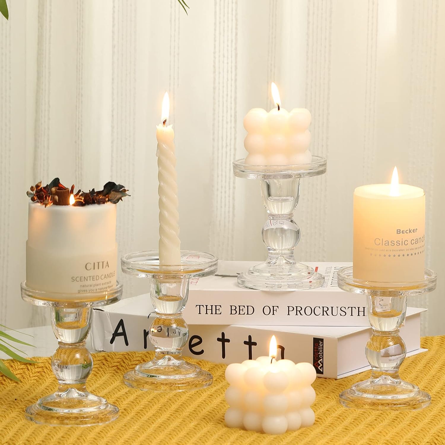 Skiennix Glass Candle Holder Set - Vintage Clear Holders for Pillar, Taper & Tealight Candles | 4-Piece Centerpiece Decor
