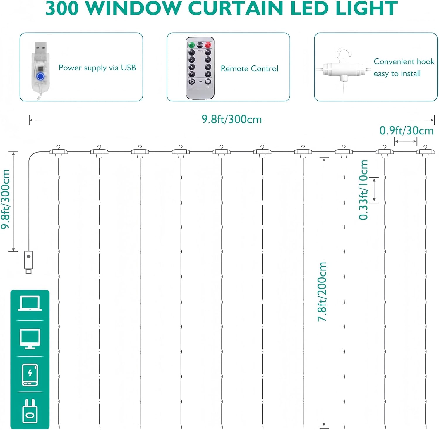 Skiennix 300 LED Curtain String Lights - Warm White, 8 Modes, Remote & Timer, USB Operated, Waterproof for Indoor/Outdoor Decor