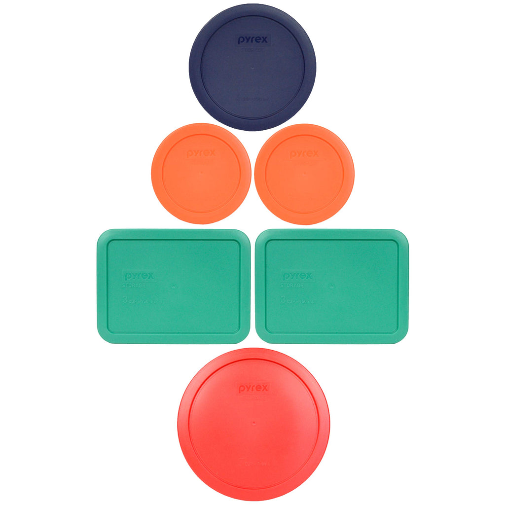 Pyrex (1) 7402-PC 6/7-Cup Red, (2) 7210-PC 3-Cup Light Green, (1) 7201-PC 4-Cup Blue, and (2) 7200-PC 2-Cup Orange Food Storage Lids - Made in USA
