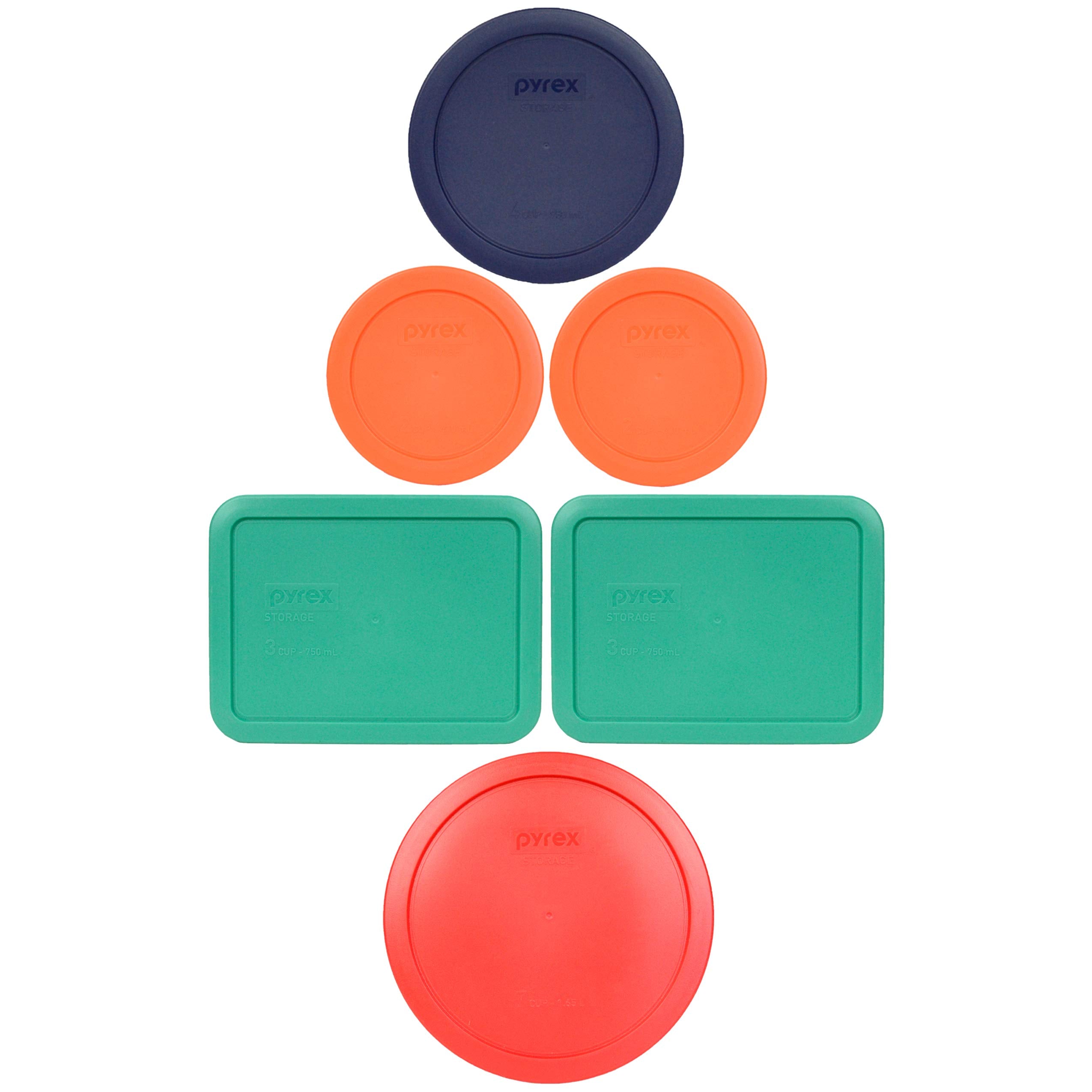 Pyrex (1) 7402-PC 6/7-Cup Red, (2) 7210-PC 3-Cup Light Green, (1) 7201-PC 4-Cup Blue, and (2) 7200-PC 2-Cup Orange Food Storage Lids - Made in USA