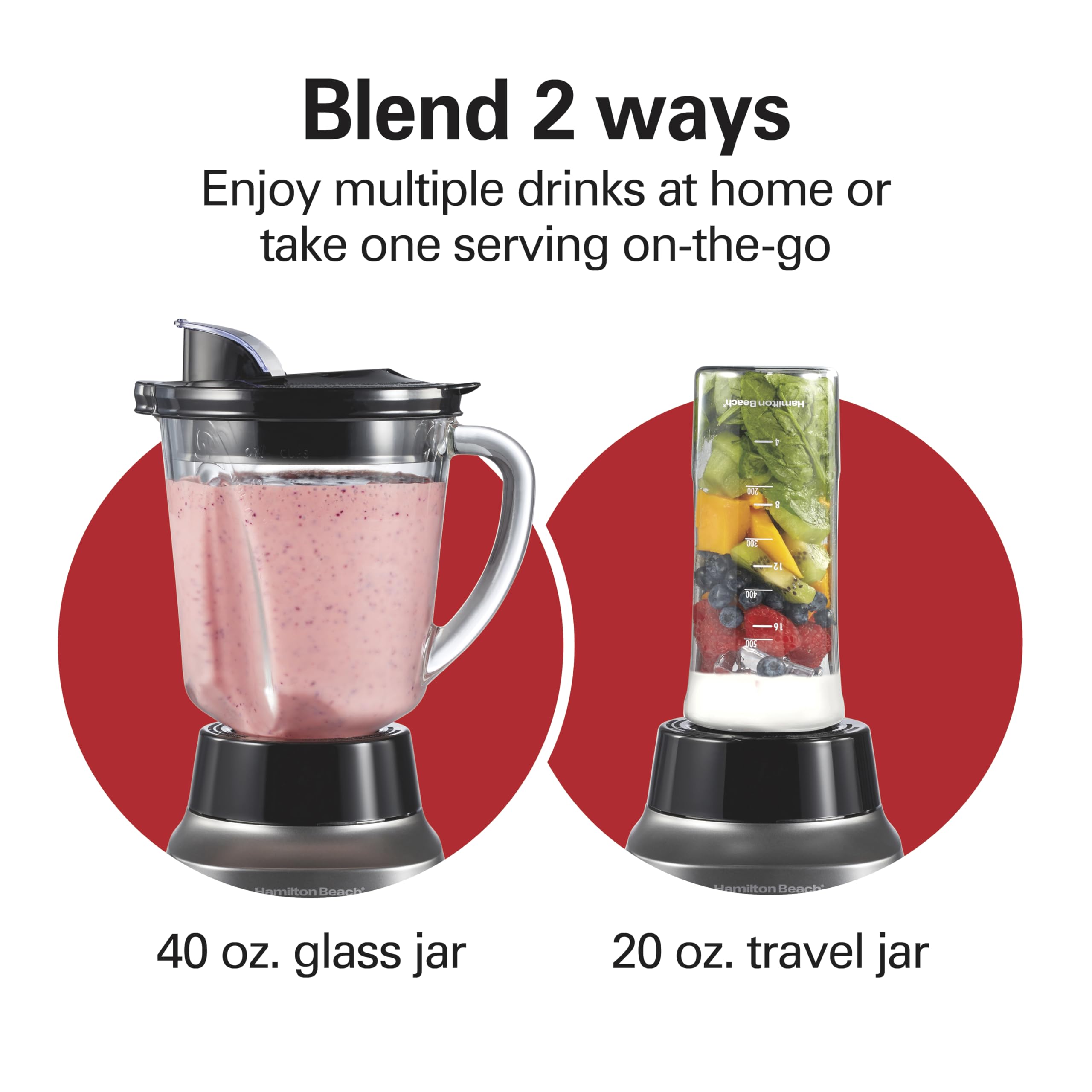Hamilton Beach Wave Action Blender for Smoothies, Stainless Steel Ice Sabre Blades, 40oz Glass Jar, 20oz Blend-In Portable Travel Jar, 800 Watts, Quiet Design, Silver (58181)