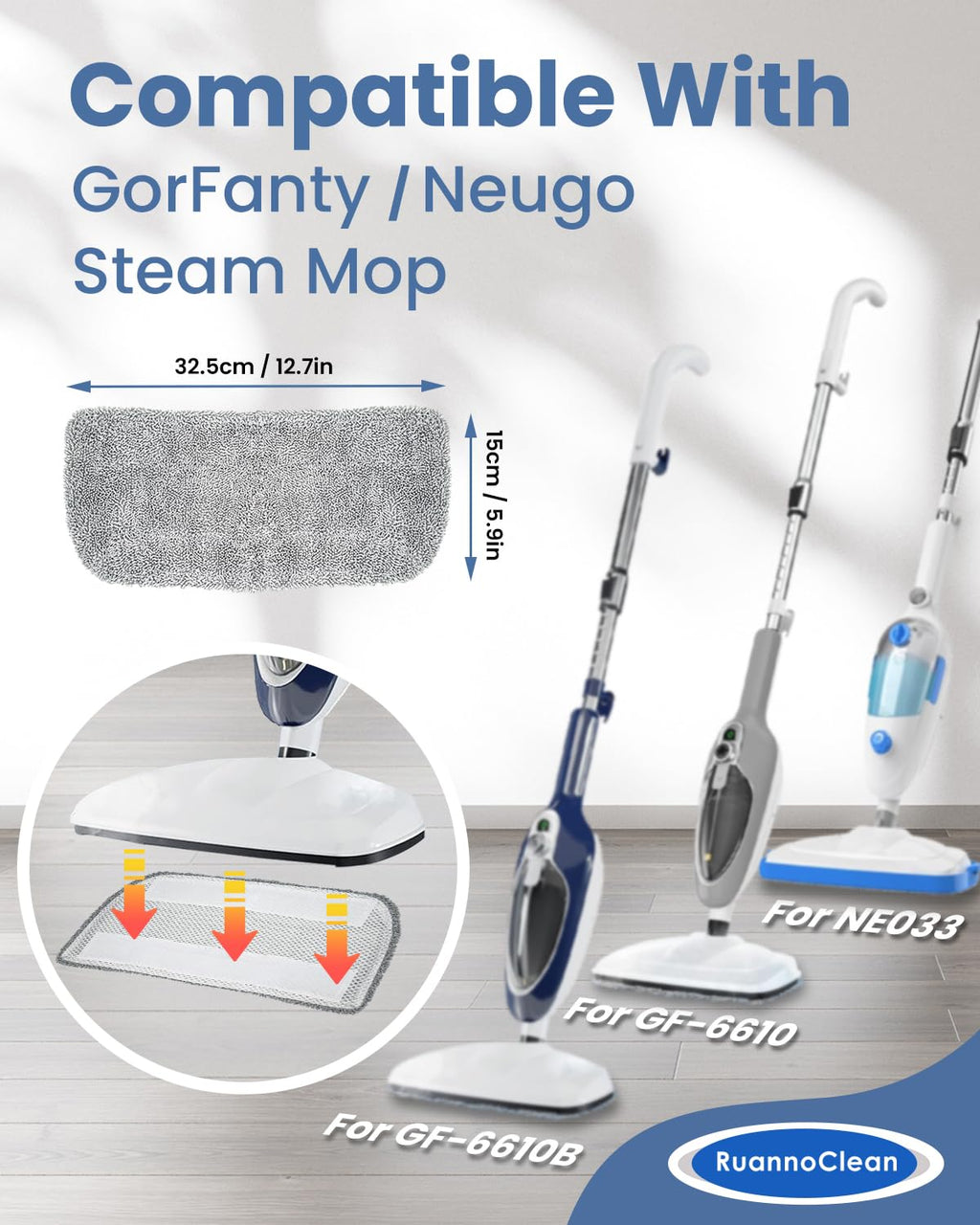 RuannoClean Steam Mop Pads Compatible with GorFanty Steam Mop GF-6610B & GF-6610, Replacement Mop Pads Compatible With Neugo NE033 NE033M Series Steam Mop, Washable & Reusable Microfiber Cloth -4 Pack