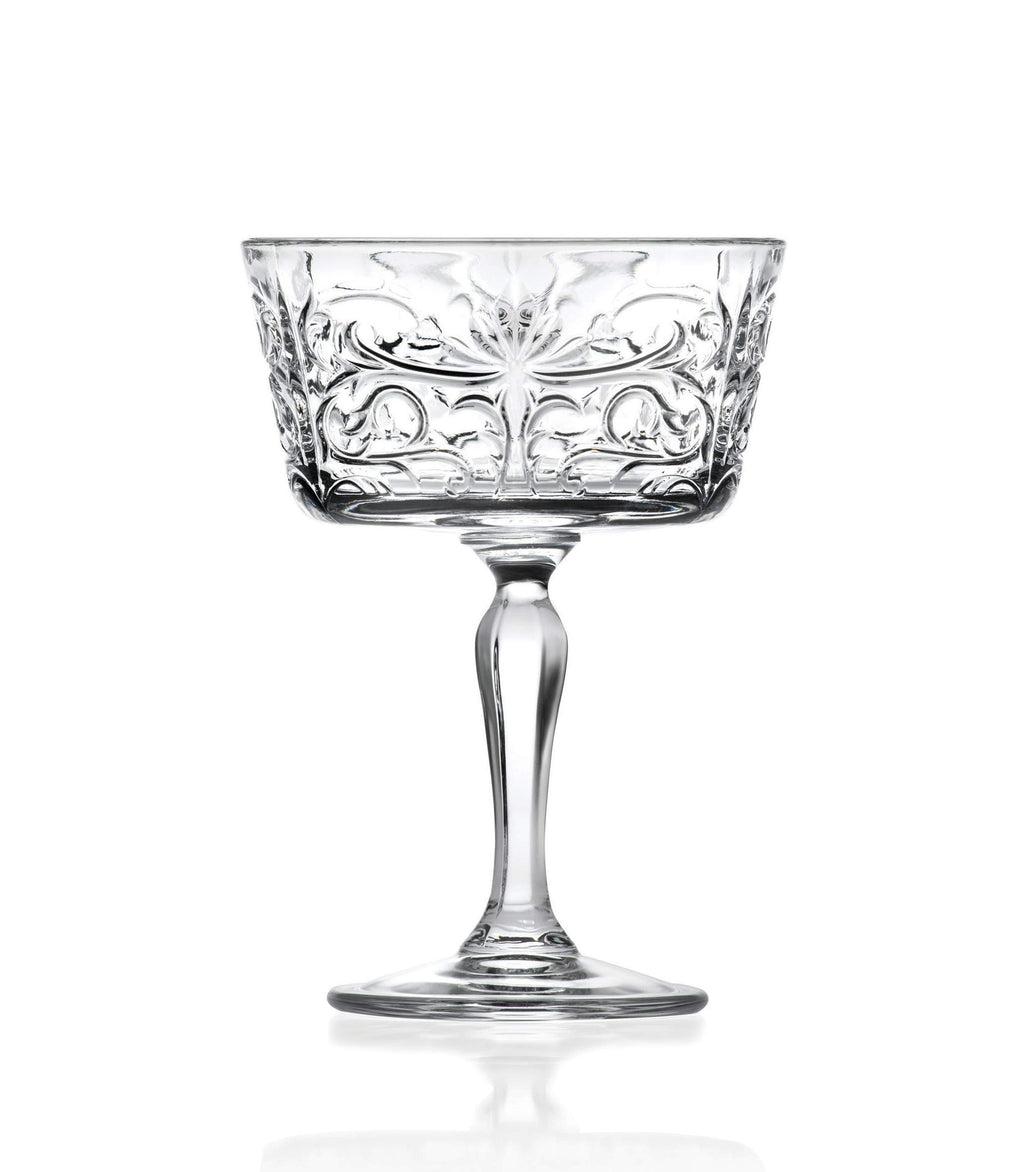 Barski Champagne Glasses - Flute - Saucer - Belle Coupe - Set of 6 Glasses - Glass Crystal - Glass has Tattoo Design -9 oz Made in Europe