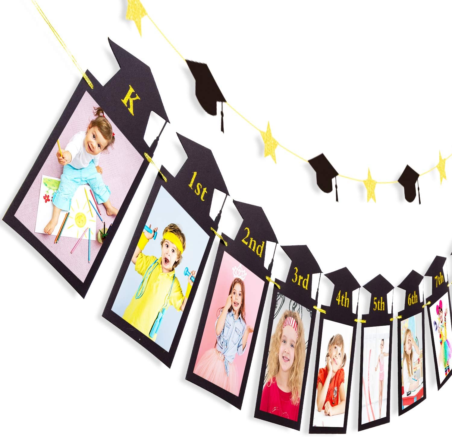 Whaline Graduation Photo Banner - No DIY Required Hanging Bunting | Black Gold Glitter, 5 x 7 Inch