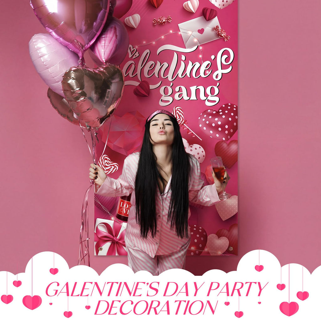 VitalCozy Galentine's Day Door Cover 72 x 35 Inch Happy Galentine's Day Galentines Gang Door Banner Pink Heart Valentines Indoor Outdoor Decorations for Women Girls Home Party Supplies(Classic)