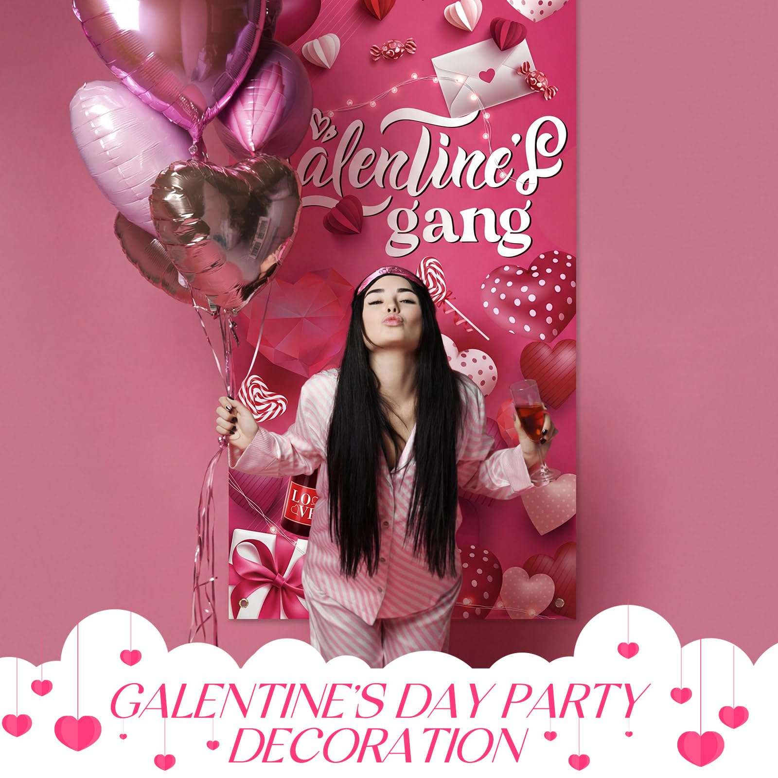 VitalCozy Galentine's Day Door Cover 72 x 35 Inch Happy Galentine's Day Galentines Gang Door Banner Pink Heart Valentines Indoor Outdoor Decorations for Women Girls Home Party Supplies(Classic)
