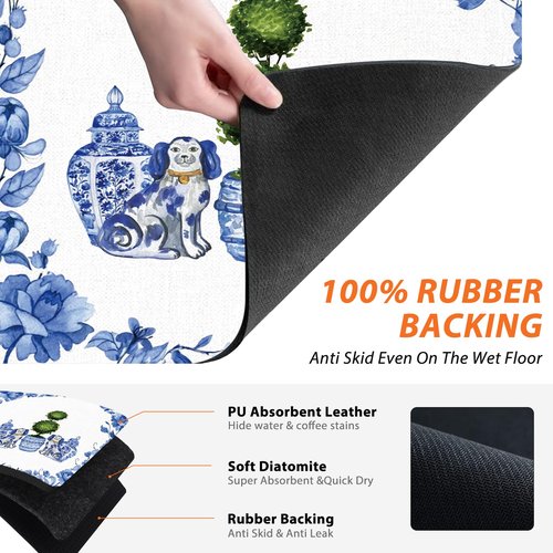 Veqzc Chinoiserie Dish Drying Mat - Blue And White Porcelain Dish Drying Mat,Chinoiserie Dog Drying Mat For Kitchen Counter,Coffee Bar Mat,Vintage Chinoiserie Drying Mat,16x17.5 Inch