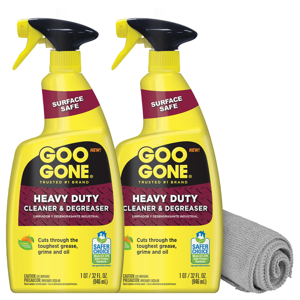 Goo Gone Heavy Duty Cleaner & Degreaser Spray With Microfiber Cleaning Towel – Cuts Through Tough Grease, Oil & Grime - 32 Oz (2 Pack + Towel)