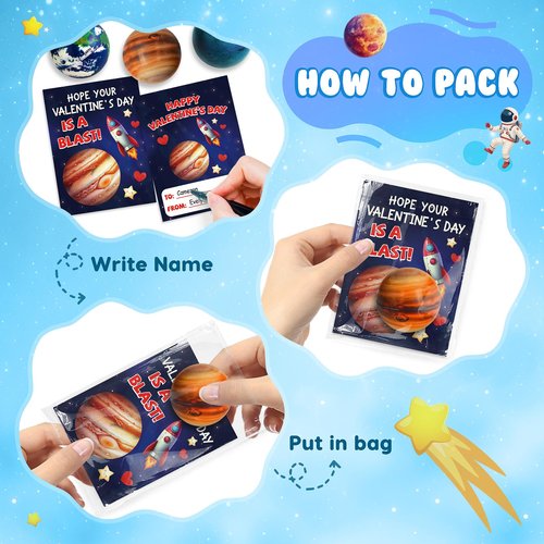 Valentines Day Gifts for Kids, 27 Pack Valentines Day Cards for Kids School with 9 Salor System Planets Balls, Bouncy Space Balls for Classroom Prize Exchange, Party Favors, Goodie Bag Stuffers