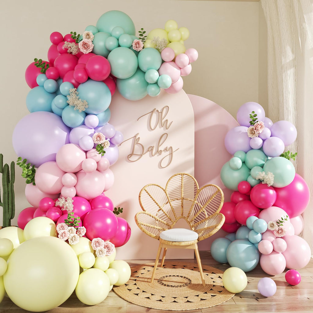 Wildflower Balloon Arch Kit, 124Pcs Pastel Balloon Arch Kit Includes Hot Pink Light Pink Blue Green Purple Yellow Balloons for Birthday Baby Shower Wedding Spring Summer Party Decorations