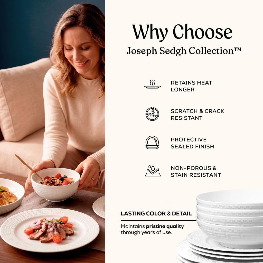 Joseph Sedgh Collection 16-piece Porcelain Dinnerware Set, Service for 4, Greek Key White