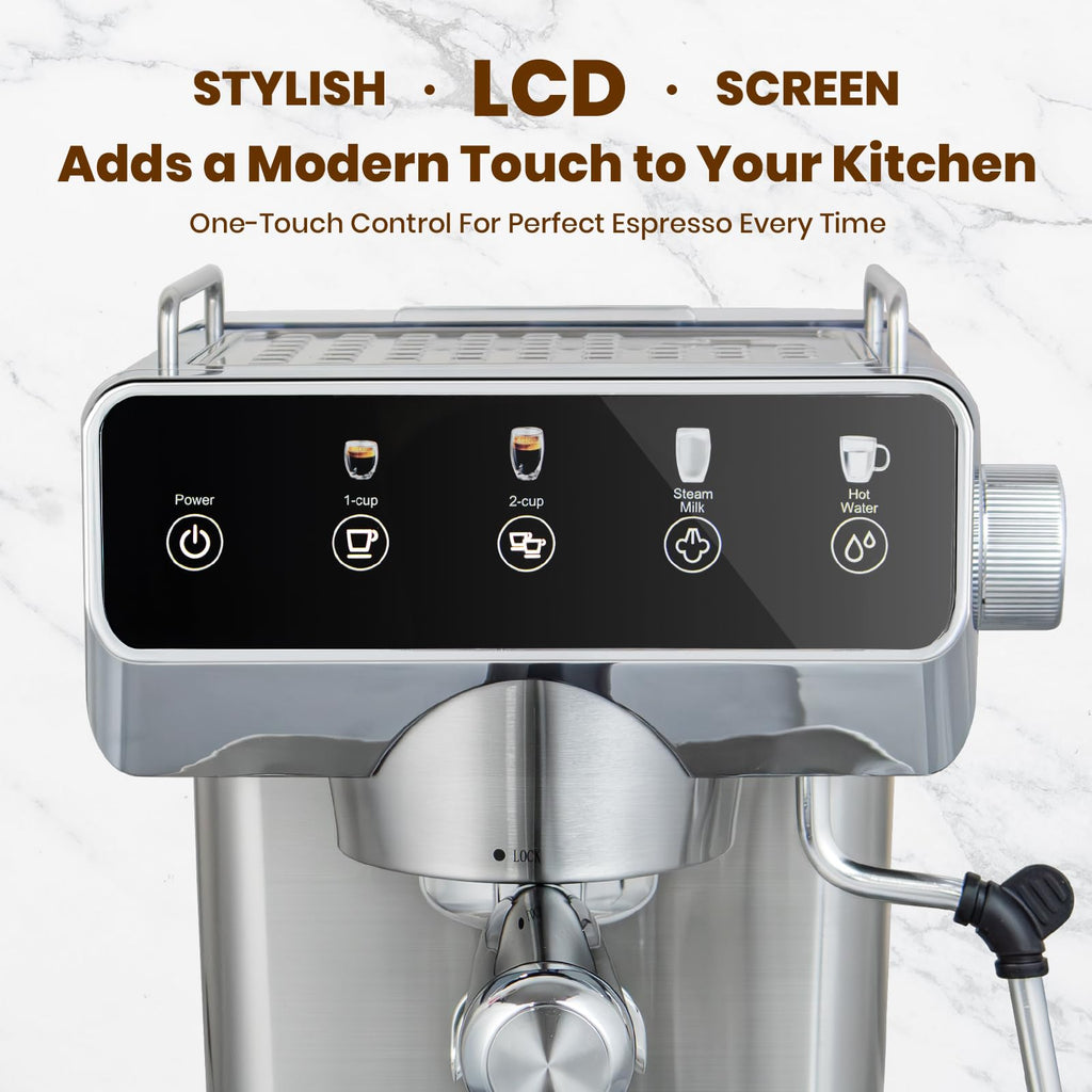 GeniCup Expresso Coffee Machines with Touchscreen 20 Bar Professional Espresso Maker with Milk Frother & Hot Water, Stainless Steel Coffee Maker for Latte Americano, Cappuccino Machine for Home Office