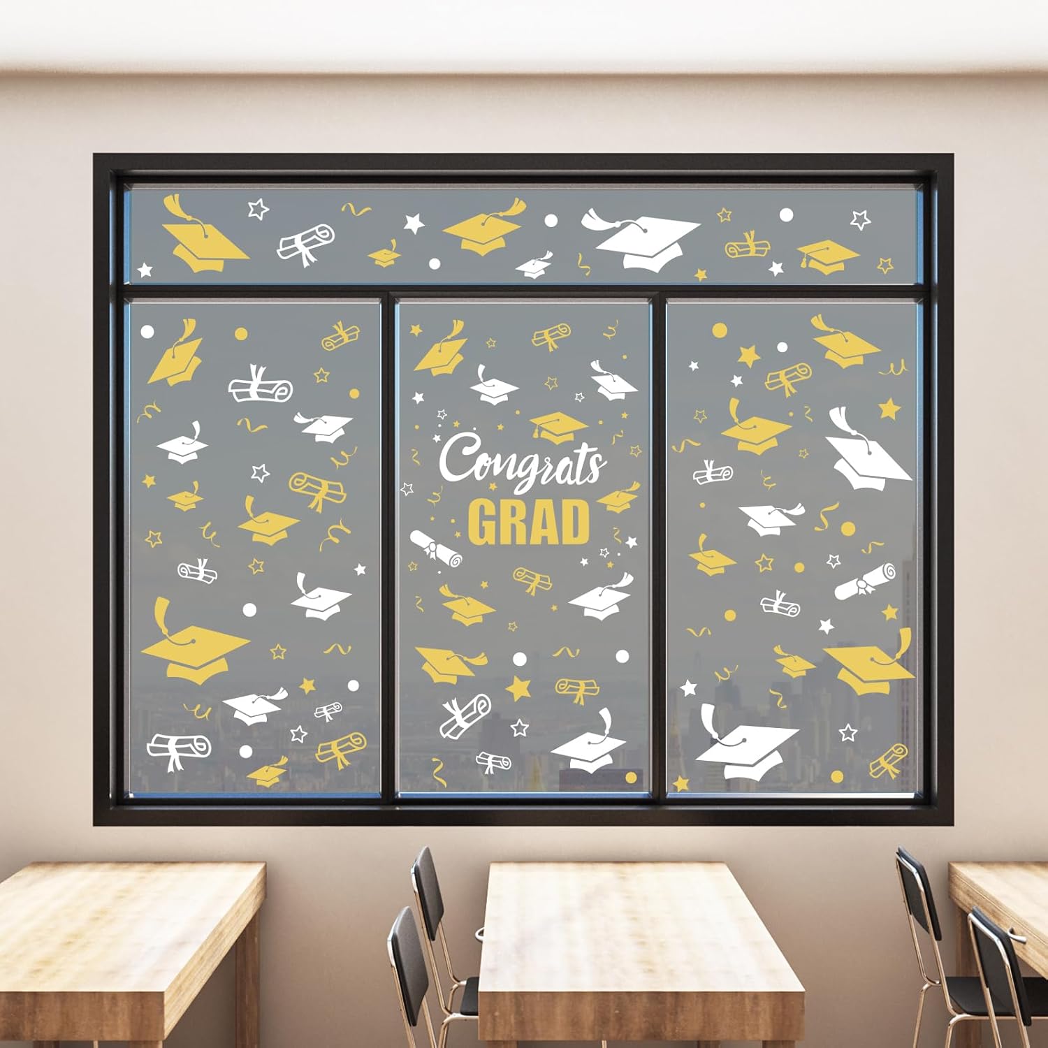 Whaline Graduation Window Clings - 236 Pcs Double-Sided White & Gold Cap Decor for Home & Office
