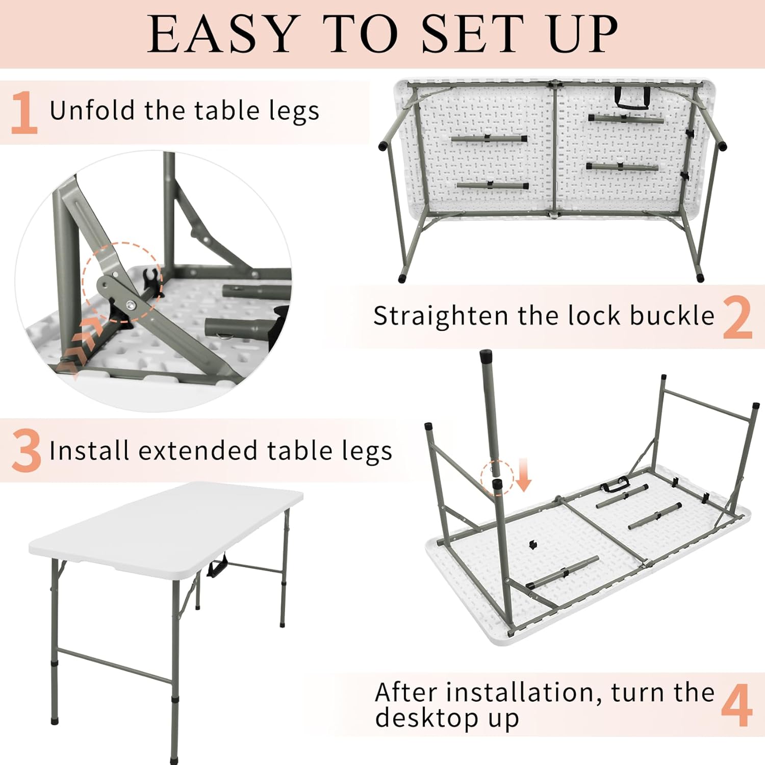 Skiennix Folding Table - Lightweight Portable Plastic Design with Carrying Handle | 4 FT White for Indoor & Outdoor Events