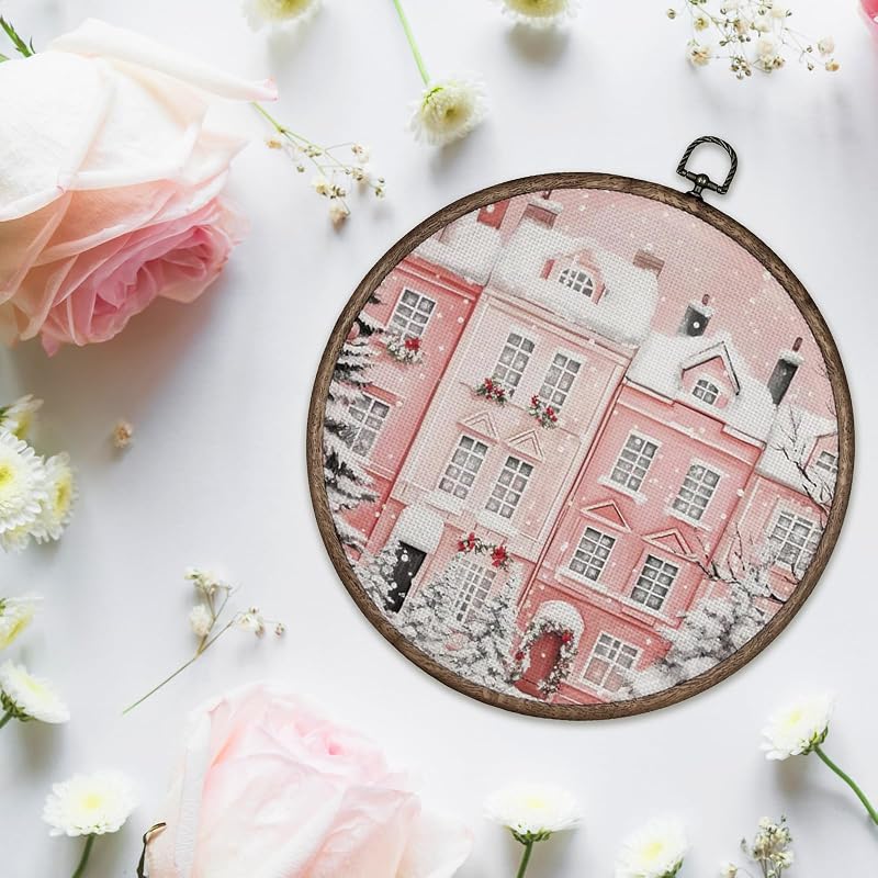 Pink Christmas Round Wall Art Canvas - 10x10 Inch Framed Poster for Home Decor
