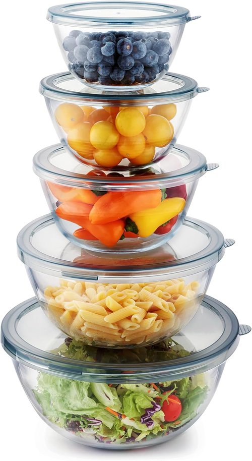 Cuiselect Glass Mixing Bowls Set - 5-Piece Nesting Bowls with Lids | Dishwasher, Microwave & Freezer Safe