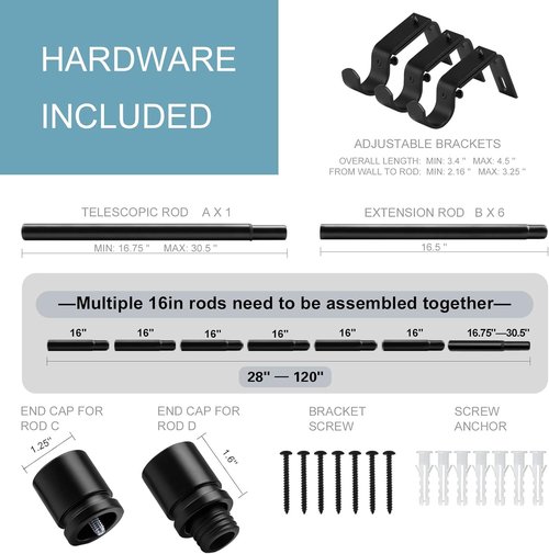 Byondeth Curtain Rods - Adjustable 16 to 120 Inches | 1 Inch Diameter | Black Aluminum Finials