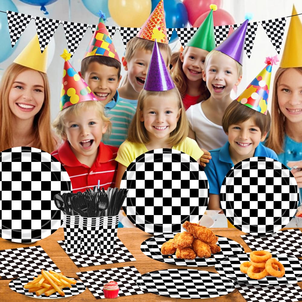 170 Pcs Race Car Birthday Party Decorations Black and White Checkered Plates and Napkins, Checkered Party Supplies Serves 24