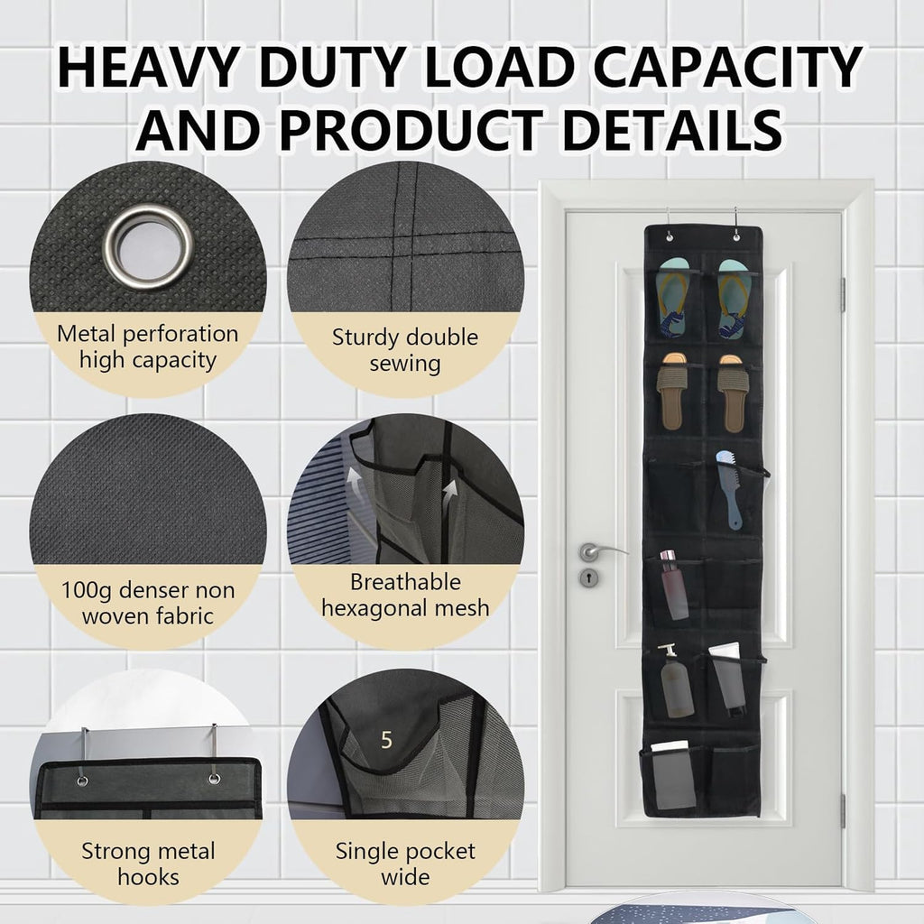 Over The Door Shoe Organizer - 12 Mesh Pockets With 4 Metal Hooks | Stylish Black Design