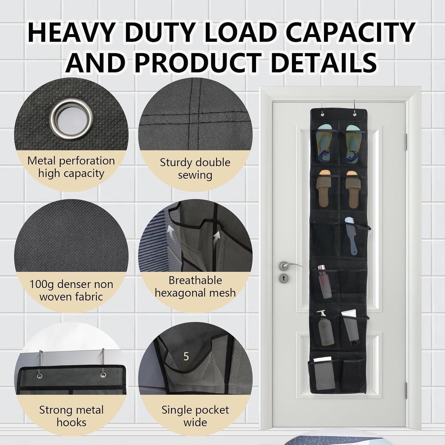 Over The Door Shoe Organizer - 12 Mesh Pockets With 4 Metal Hooks | Stylish Black Design