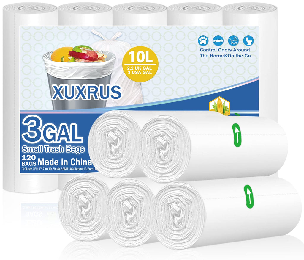 XUXRUS Bathroom Small Trash Bags 3 Gallon Garbage Bags for Home Office,120 Count,White,Fits 2-3 Gallon Bins