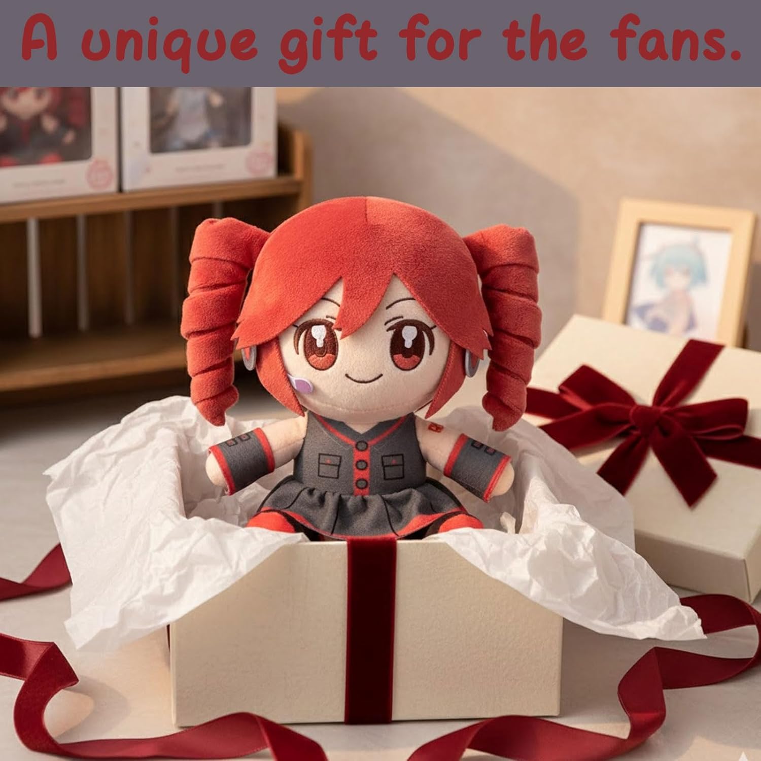 Skiennix Cute Anime Plush | 22cm Twin Tail Girl with 3D Hair | Soft Red & Black Outfit Stuffed Figure