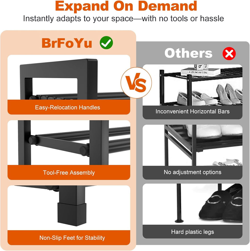 Skiennix Expandable Shoe Rack - Adjustable Metal Organizer for 12 Pairs | 3-Tier Free Standing Design, Black