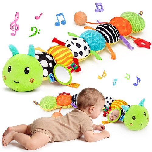 Baby Sensory Toy - Plush Caterpillar Music Rattle with Mirror | Ideal for Infants 0-12 Months