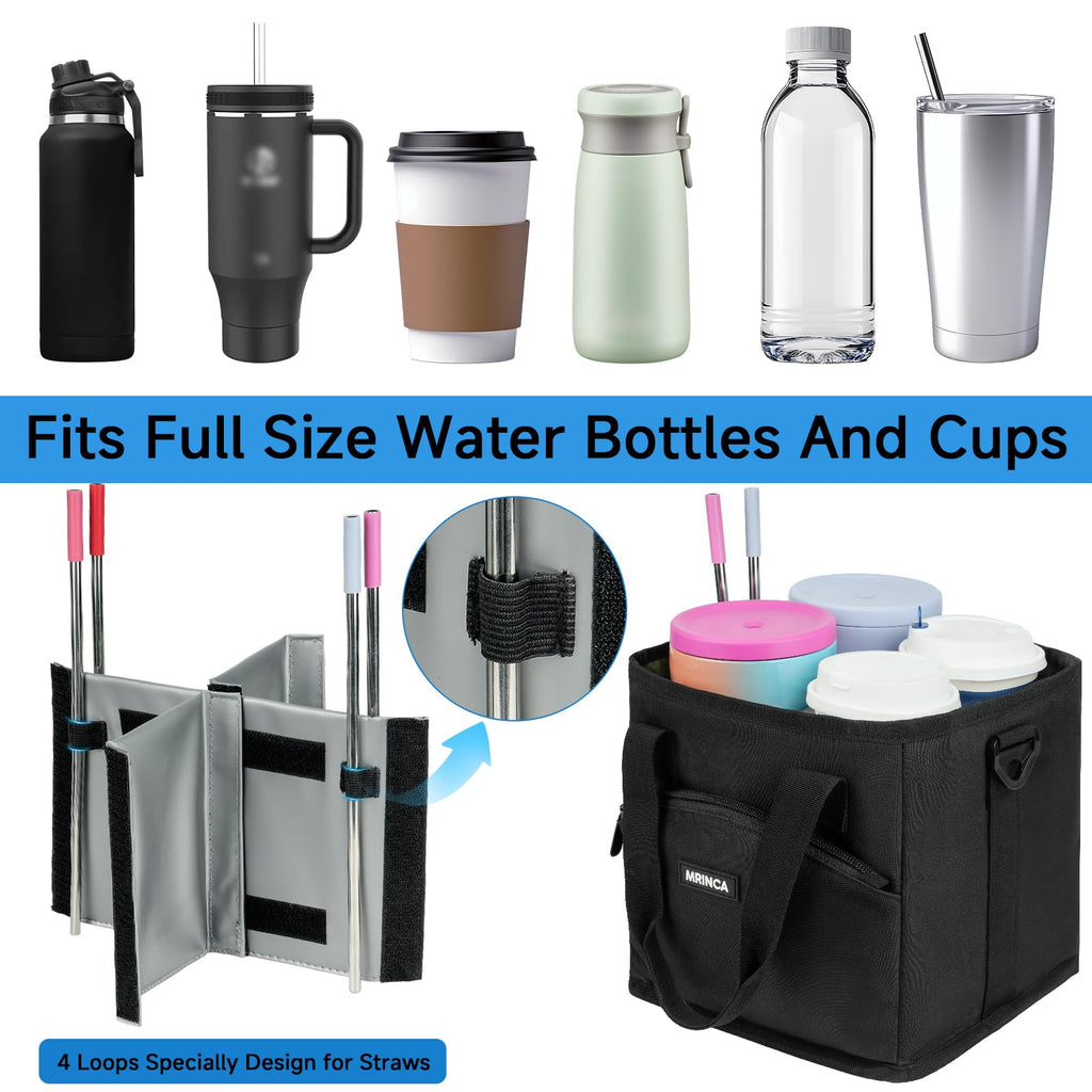 MRINCA Reusable Drink Carrier with Handle – Insulated, Collapsible 4-Cup Beverage Bag with No-Spill Base, Adjustable Dividers & Shoulder Strap, Portable Caddy for Delivery, Car and Travel, Black