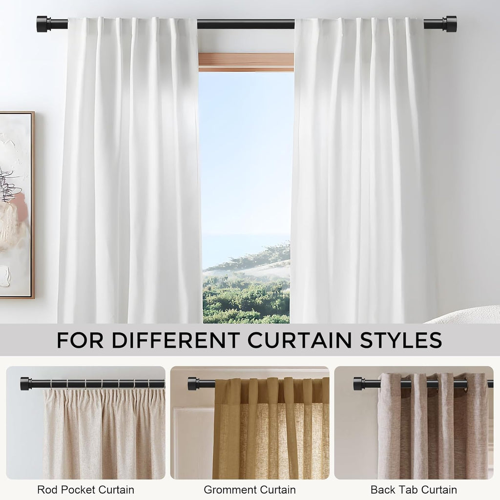 VOIIY Heavy Duty Curtain Rods - Adjustable 66 to 120 Inch, Black 1'' Diameter with Modern End Caps