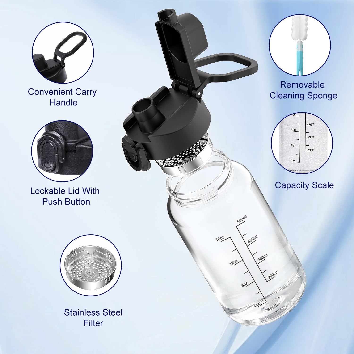 Neodaco 20 OZ Glass Shaker Bottle, Odorless Sport Water Bottle with 304 Stainless Steel Ball and Removable Cleaning Brush for Fitness Protein Mixes