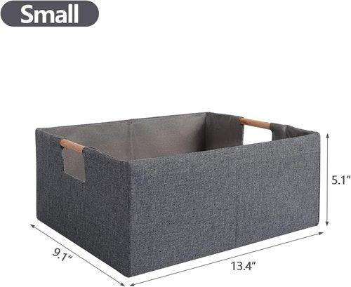 Fabric Storage Bin 3-Pack | Foldable Cotton Linen Baskets with Wooden Handles - Small Gray