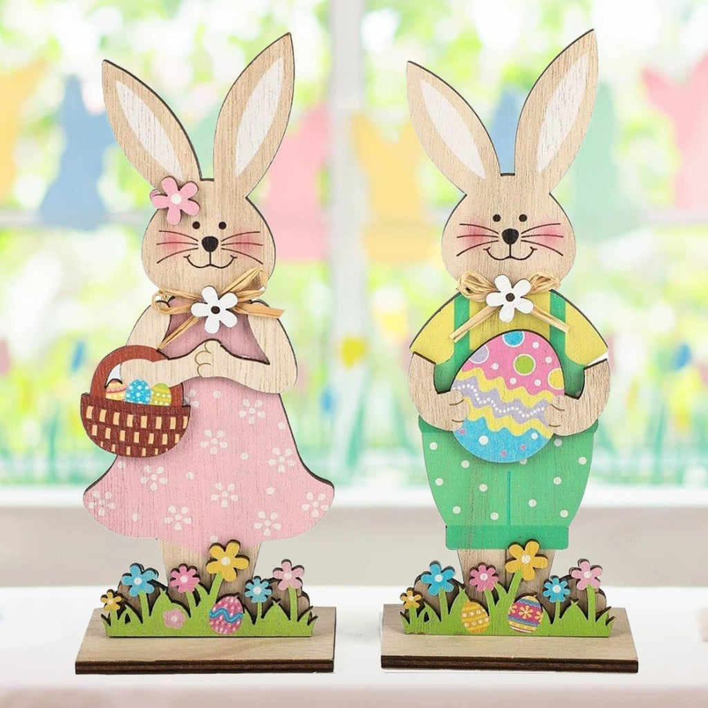 Skiennix Easter Wooden Bunny Tabletop Decorations - Colorful Standing Rabbit Figurines with Egg Basket | Spring Centerpiece