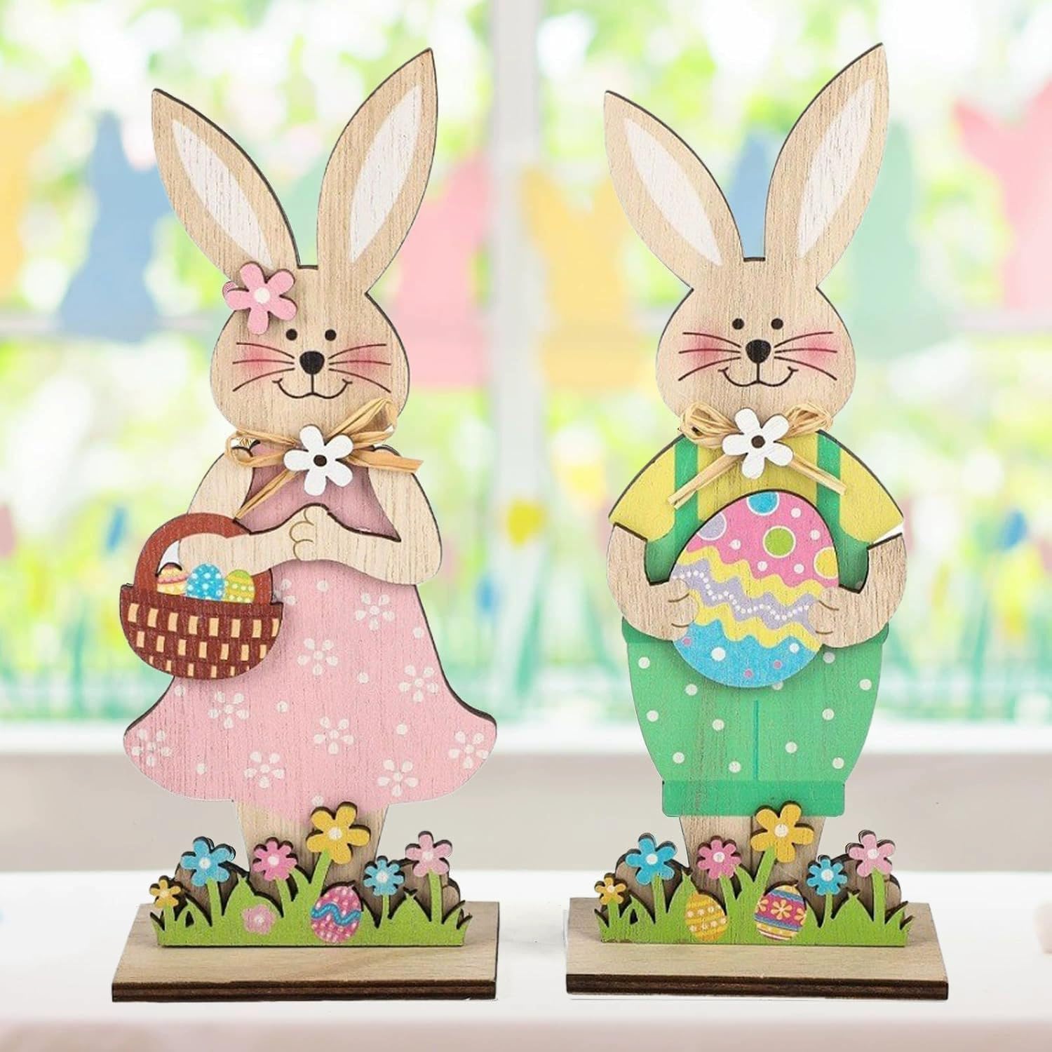 Skiennix Easter Wooden Bunny Tabletop Decorations - Colorful Standing Rabbit Figurines with Egg Basket | Spring Centerpiece