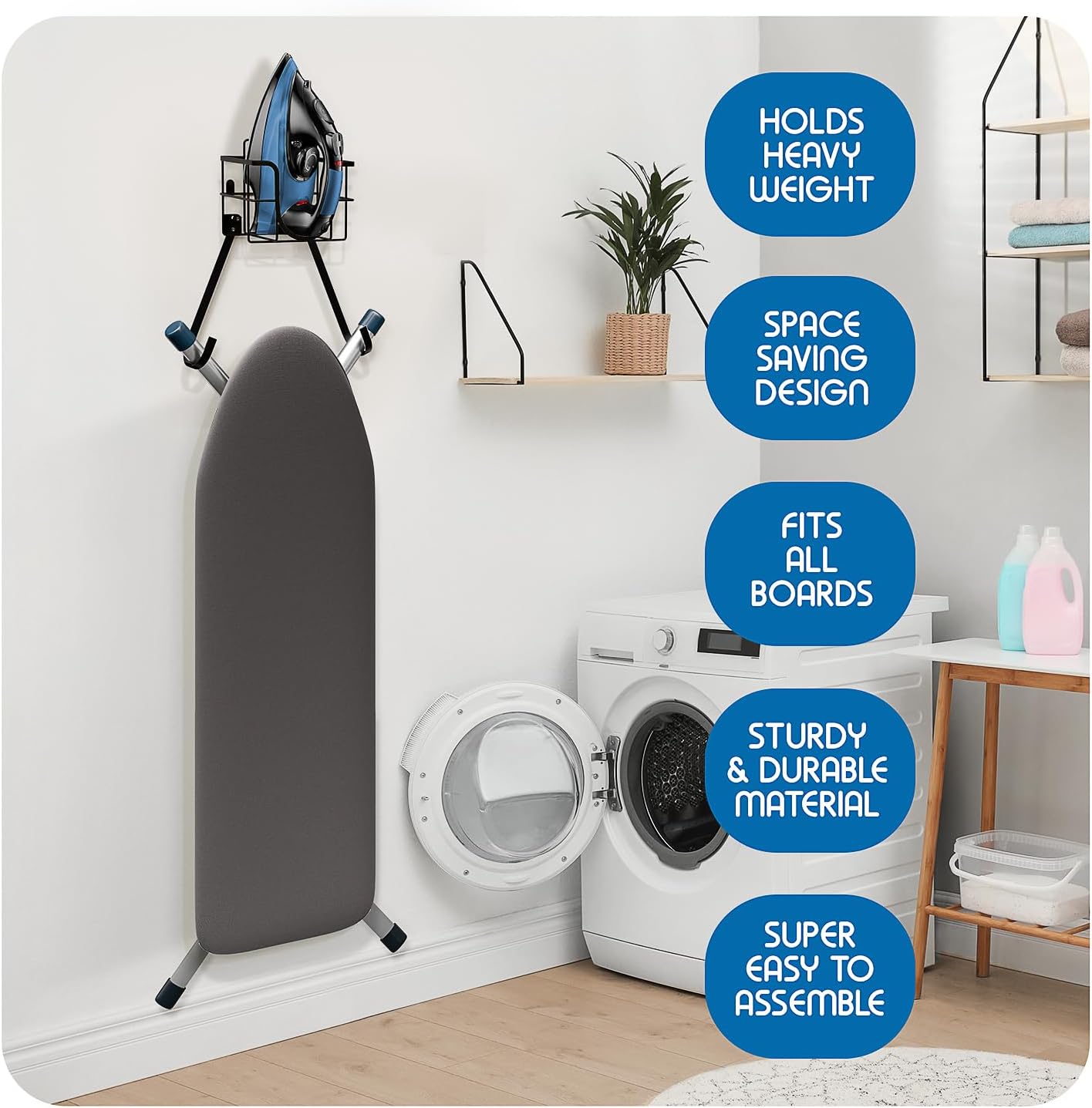 T&V Shaped Ironing Board Holder - Wall Mount & Over The Door Hanger | Heat Reflective & Stain Resistant Cover Set