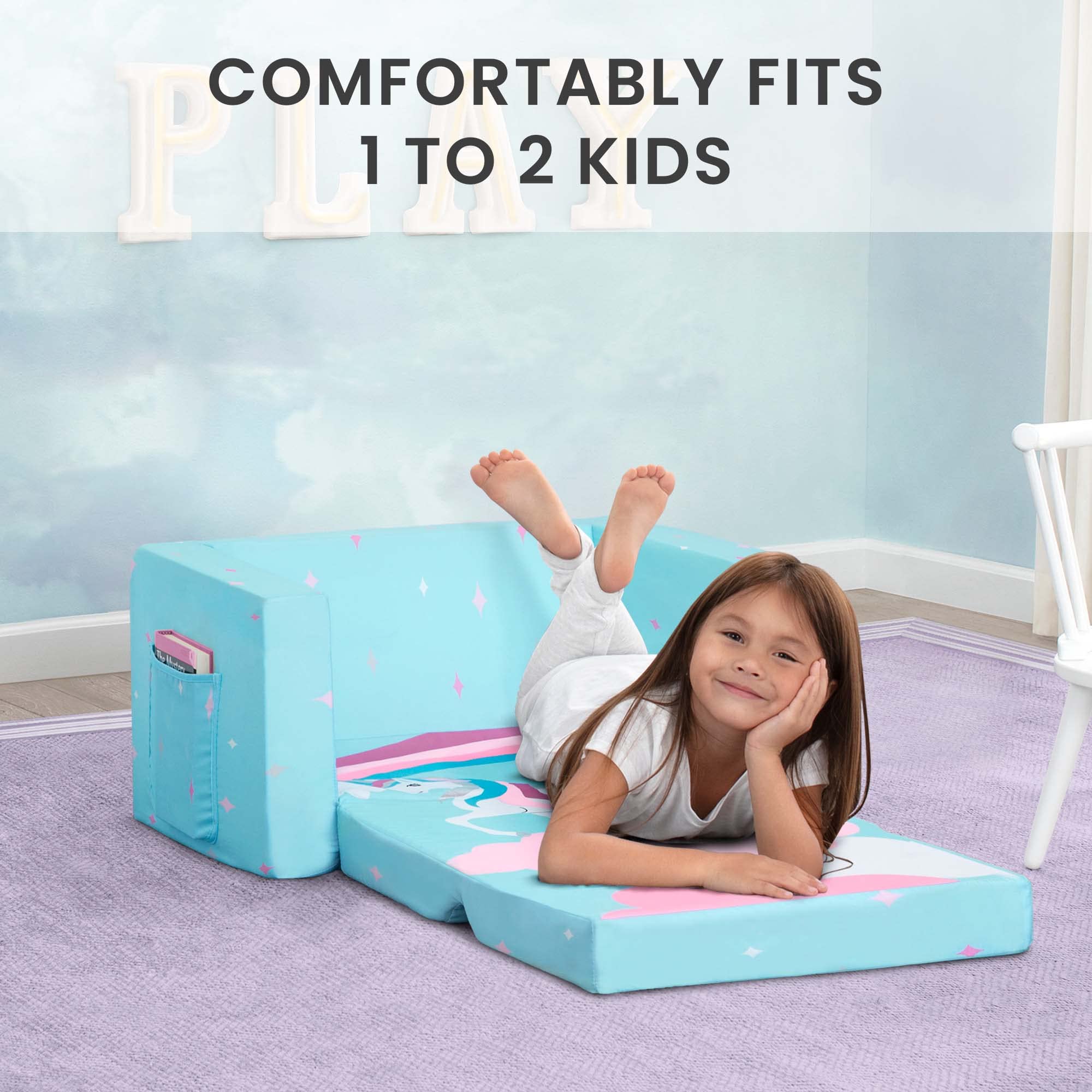 Delta Children Cozee Kids Couch 2-Seater Kids Sofa, Convertible 2-in-1 Flip Open Toddler Couch Sleeper, Foam Chair for Playroom & Bedroom, Bed Lounger, Comfy Play Sleeping Lounge Chair, Blue Unicorn