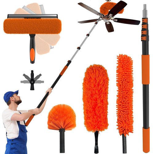 Buyplus 26FT Reach Dusting Kit, Long Duster with 5-20FT Extension Pole for High Ceilings, Cobweb Duster, Microfiber Duster, Window Squeegee, Extendable Duster Cleaning Kit