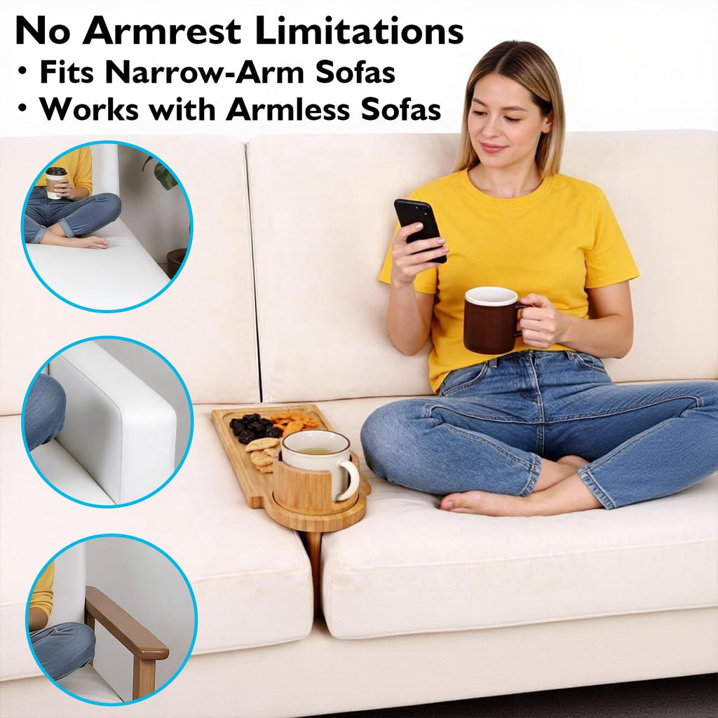 Bamboo Couch Gap Cup Holder Tray - 3-in-1 Removable Anti-Slip Snack Organizer with 360° Rotating Cup Holder, Armrest Table for Sofa/Recliner, Remotes & Phones