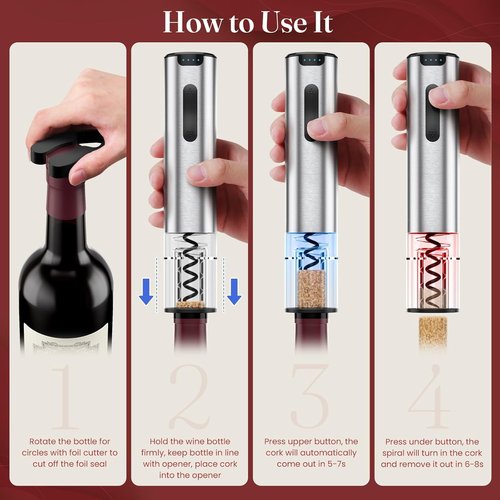 HomeHacks Electric Wine Opener - Automatic Rechargeable Opener with Foil Cutter & Vacuum Stopper | Perfect Gift for Wine Lovers